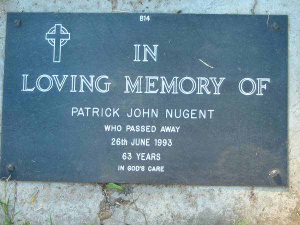 Patrick John NUGENT,  | died 26 June 1993 aged 63 years;  | Kalbar General Cemetery, Boonah Shire  | 