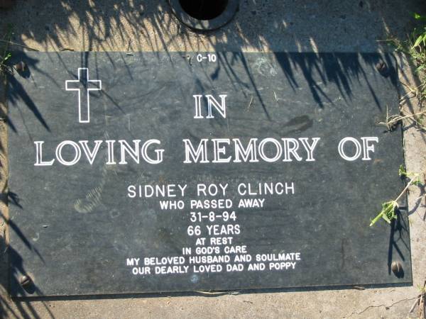 Sidney Roy CLINCH,  | died 31-8-94 aged 66 years,  | husband dad poppy;  | Kalbar General Cemetery, Boonah Shire  | 
