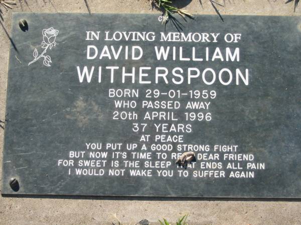 David William WITHERSPOON,  | born 29-01-1959 died 20 April 1996 aged 37 years;  | Kalbar General Cemetery, Boonah Shire  | 