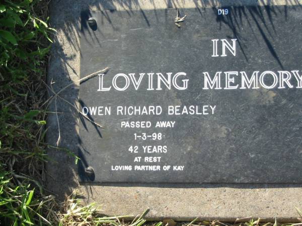 Owen Richard BEASLEY,  | died 1-3-98 aged 42 years,  | partner of Kay;  | Kalbar General Cemetery, Boonah Shire  | 