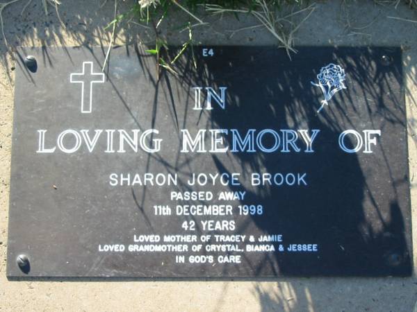 Sharon Joyce BROOK,  | died 11 Dec 1998 aged 42 years,  | mother of Tracey & Jamie,  | grandmother of Crystal, Bianca & Jessee;  | Kalbar General Cemetery, Boonah Shire  | 