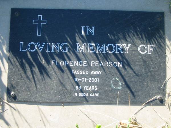 Florence PEARSON,  | died 10-01-2001 aged 93 years;  | Kalbar General Cemetery, Boonah Shire  | 