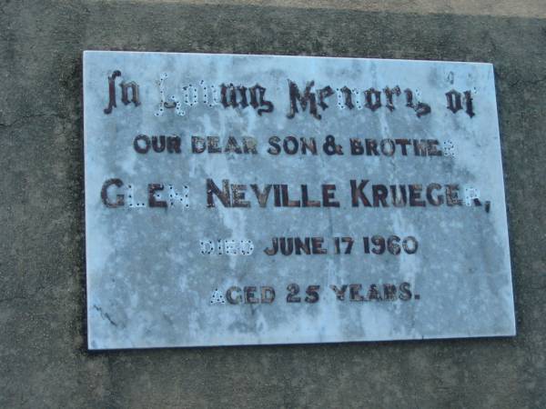 Glen Neville KRUEGER  | 17 Jun 1960, aged 25  | St John's Lutheran Church Cemetery, Kalbar, Boonah Shire  | 