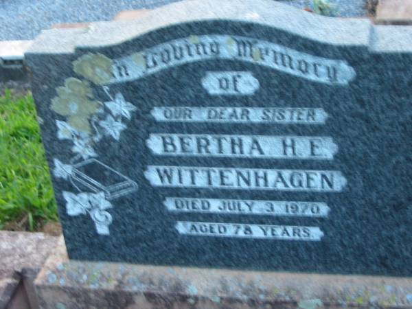 Bertha H E WITTENHAGEN  | 3 Jul 1970, aged 78  | St John's Lutheran Church Cemetery, Kalbar, Boonah Shire  |   | 