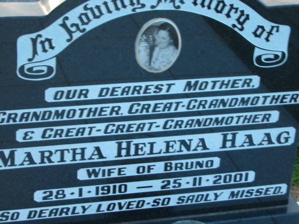 Martha Helena HAAG  | (wife of Bruno)  | b: 28 Jan 1910, d: 25 Nov 2001  | St John's Lutheran Church Cemetery, Kalbar, Boonah Shire  |   | 