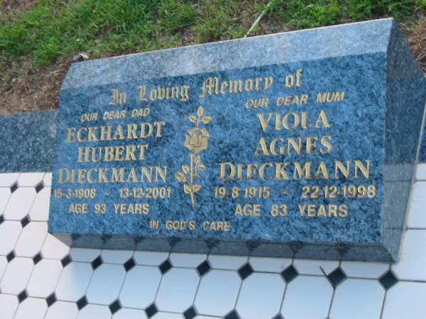 Eckhardt Hubert DIECKMANN  | b: 15 Mar 1908, d: 13 Dec 2001, aged 93  | Viola Agnes DIECKMANN  | b: 19 Aug 1915, d: 22 Dec 1998, aged 83  | St John's Lutheran Church Cemetery, Kalbar, Boonah Shire  |   | 