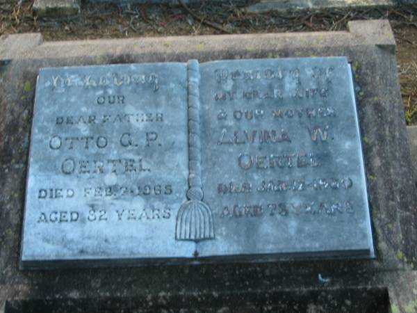 Otto G P OERTEL, father  | d: 2 Feb 1965, aged 82  | Alvina W OERTEL, wife, mother  | d: 12 Jan 1960, aged 73  |   | St John's Lutheran Church Cemetery, Kalbar, Boonah Shire  |   | 