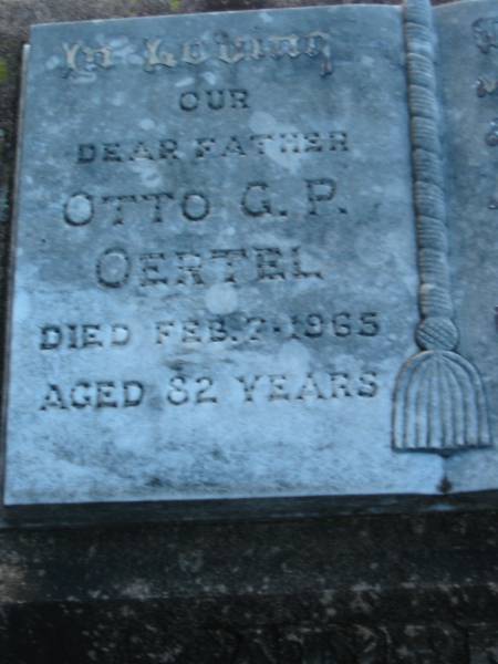 Otto G P OERTEL, father  | d: 2 Feb 1965, aged 82  | Alvina W OERTEL, wife, mother  | d: 12 Jan 1960, aged 73  |   | St John's Lutheran Church Cemetery, Kalbar, Boonah Shire  |   | 