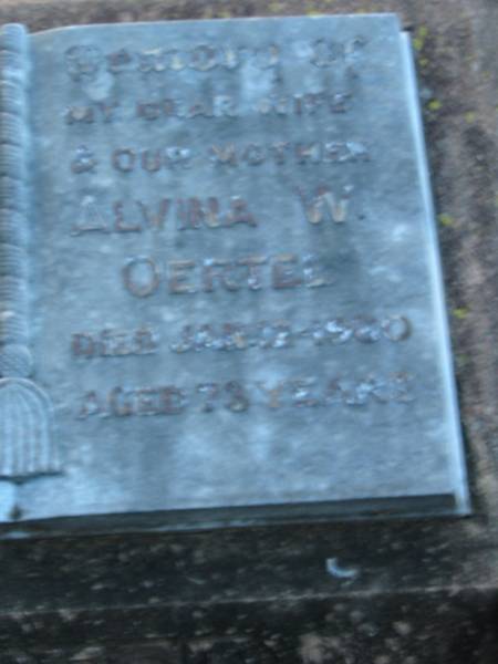 Otto G P OERTEL, father  | d: 2 Feb 1965, aged 82  | Alvina W OERTEL, wife, mother  | d: 12 Jan 1960, aged 73  |   | St John's Lutheran Church Cemetery, Kalbar, Boonah Shire  |   | 