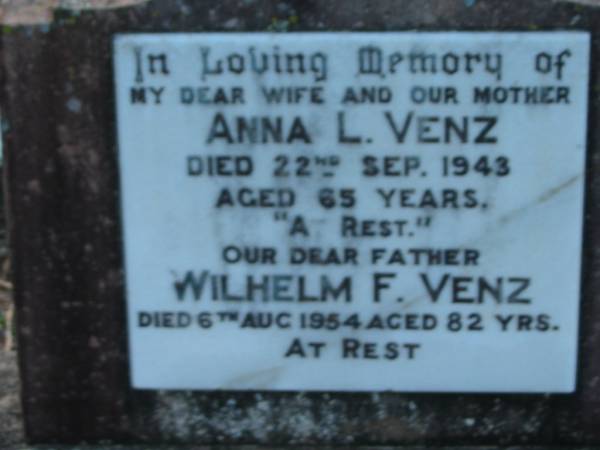 Anna L VENZ  | 22 Sep 1943, aged 65  | Wilhelm F VENZ  | 6 Aug 1954 aged 82  |   | St John's Lutheran Church Cemetery, Kalbar, Boonah Shire  |   | 