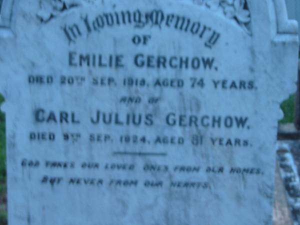 Emilie GERCHOW  | 20 Sep 1919 aged 74  | Carl Julius GERCHOW  | 9 Sep 1924 aged 81  |   | St John's Lutheran Church Cemetery, Kalbar, Boonah Shire  |   | 