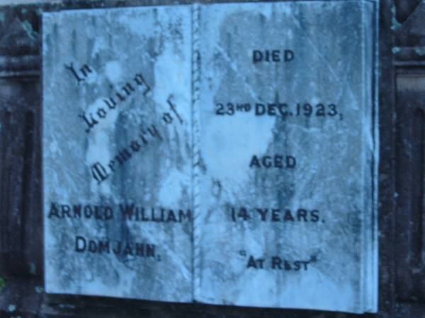 Arnold William DOMJAHN  | 23 Dec 1923 aged 14  |   | St John's Lutheran Church Cemetery, Kalbar, Boonah Shire  |   | 