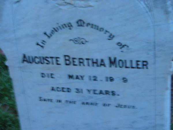 Auguste Bertha MOLLER  | 12 May 1909 aged 31  | St John's Lutheran Church Cemetery, Kalbar, Boonah Shire  |   | 