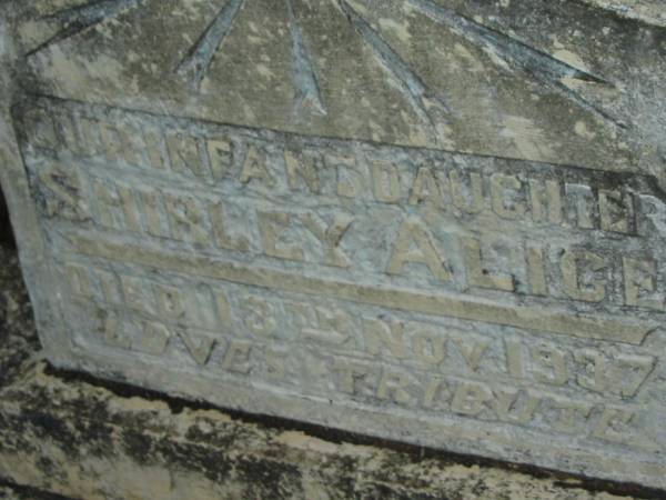 infant daughter  | Shirley Alice PETERS  | died 13 Nov 1937  | St John's Lutheran Church Cemetery, Kalbar, Boonah Shire  |   | 