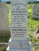 
Betsy WALTON, wife,
died 20 Nov 1919 aged 63 years;
Charles WALTON, husband,
died 22 Feb 1926 aged 73 years;
Engelsburg Methodist Pioneer Cemetery, Kalbar, Boonah Shire
