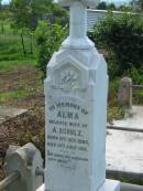 
Alma, wife of A. SCHULZ,
born 21 Sept 1885 died 10 July 1911;
Engelsburg Methodist Pioneer Cemetery, Kalbar, Boonah Shire
