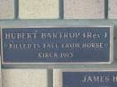 
Hubert BARTROP (Rev.),
killed in fall from horse circa 1913;
Engelsburg Methodist Pioneer Cemetery, Kalbar, Boonah Shire
