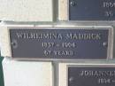 
Wilheimina MADDICK,
1837 - 1904 aged 67 years;
Engelsburg Methodist Pioneer Cemetery, Kalbar, Boonah Shire
