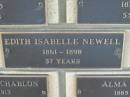 
Edith Isabelle NEWELL,
1861 - 1898 aged 37 years;
Engelsburg Methodist Pioneer Cemetery, Kalbar, Boonah Shire

