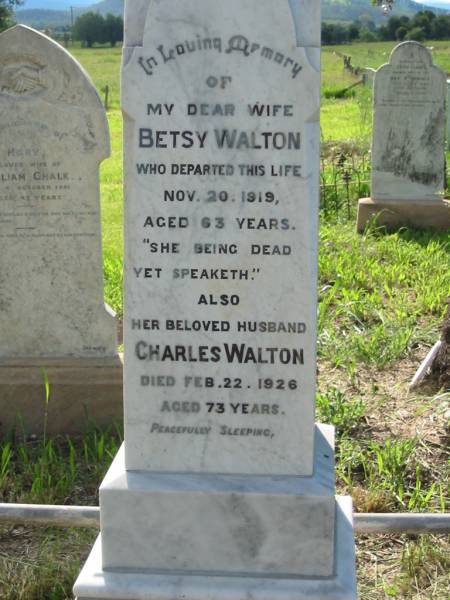 Betsy WALTON, wife,  | died 20 Nov 1919 aged 63 years;  | Charles WALTON, husband,  | died 22 Feb 1926 aged 73 years;  | Engelsburg Methodist Pioneer Cemetery, Kalbar, Boonah Shire  | 