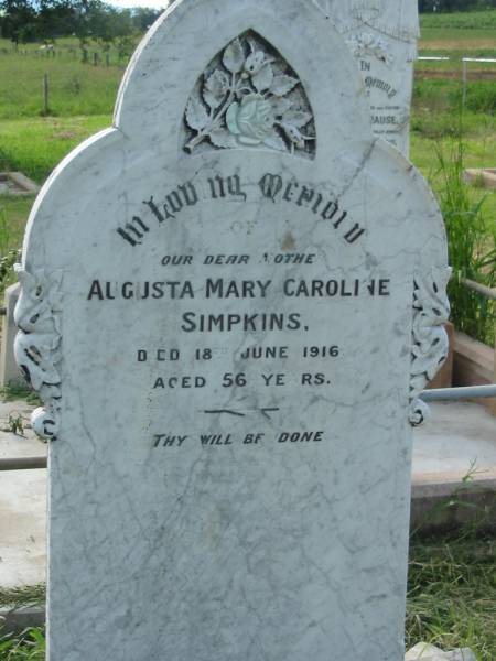 August Mary Caroline SIMPKINS, mother,  | died 18 June 1916 aged 56 years;  | Engelsburg Methodist Pioneer Cemetery, Kalbar, Boonah Shire  | 