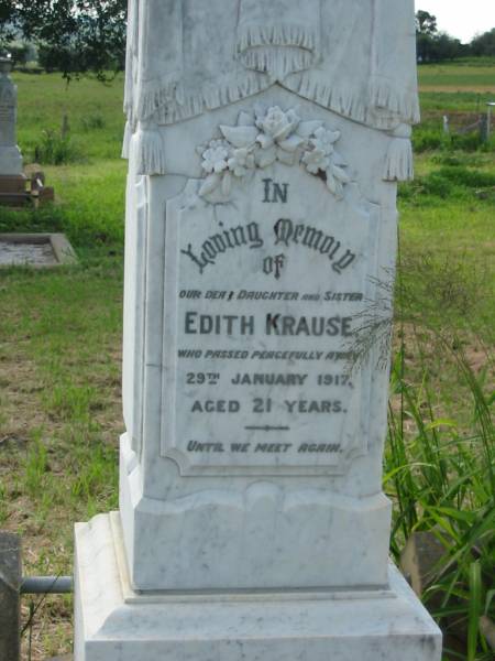 Edith KRAUSE,  | daughter sister,  | died 29 Jan 1917 aged 21 years;  | Engelsburg Methodist Pioneer Cemetery, Kalbar, Boonah Shire  | 