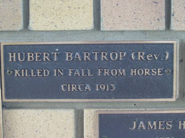 Hubert BARTROP (Rev.),  | killed in fall from horse circa 1913;  | Engelsburg Methodist Pioneer Cemetery, Kalbar, Boonah Shire  | 