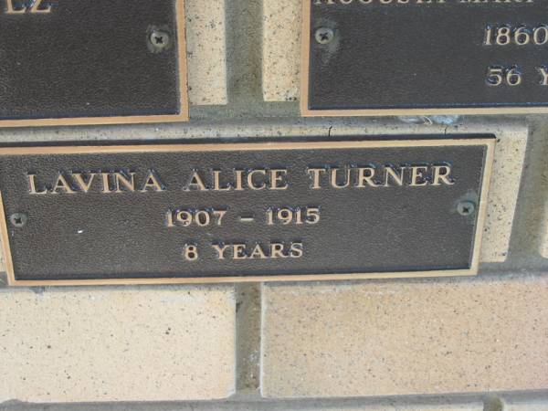 Lavina Alice TURNER,  | 1907 - 1915 aged 8 years;  | Engelsburg Methodist Pioneer Cemetery, Kalbar, Boonah Shire  | 