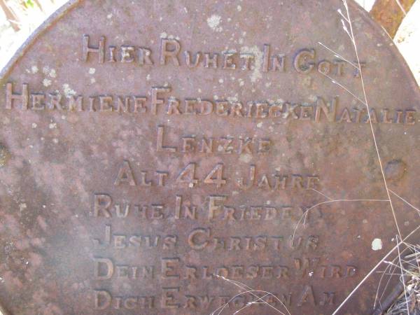 Hermiene Frederiecke Natalie LENZKE,  | aged 44 years;  | Kalbar St Marks's Lutheran cemetery, Boonah Shire  | 