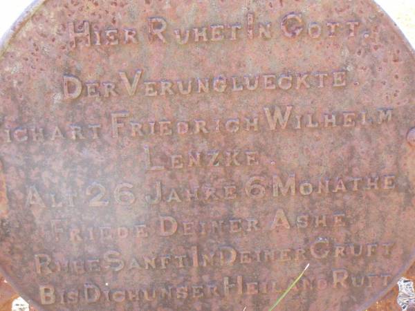 Richart Friedrich Wilhelm LENZKE,  | in an accident aged 26 years 6 months;  | Kalbar St Marks's Lutheran cemetery, Boonah Shire  | 