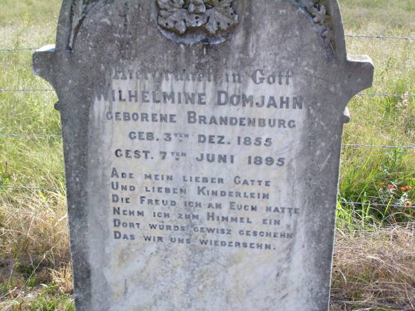 Herrmann Rudolf DOMJAHN, farmer,  | born 21 May 1849 died 24 Oct 1898;  | Wilhelmine DOMJAHN nee BRANDENBURG,  | born 3 Dec 1855 died 7 June 1895;  | Kalbar St Marks's Lutheran cemetery, Boonah Shire  | 