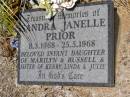 
Sandra Janelle PRIOR,
8-3-1968 - 25-5-1968,
infant daughter of Marilyn & Russell,
sister of Kerry, Linda, & Julie;
Kandanga Cemetery, Cooloola Shire
