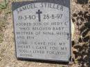
Samuel STILLER,
19-3-80 - 28-8-97,
son of Hedy & Theo,
brother of Nina, Heidi & Ben;
Kandanga Cemetery, Cooloola Shire

