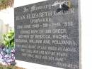 
Jean Elizabeth GREER (FORWOOD),
23 June 1946 - 28 Feb 1998,
wife of Jim GREER,
mother of Rebecca, Rachel, Rosanna, William & Pollyanna;
Kandanga Cemetery, Cooloola Shire
