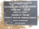 
Charles William STUBBINS,
died 29-5-88 aged 72 years,
husband of Thelma,
father of Nova, Ian, Jennifer & Robyn;
Kandanga Cemetery, Cooloola Shire
