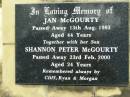 
Jan MCGOURTY,
died 13 Aug 1993 aged 44 years;
Shannon Peter MCGOURTY, son,
died 23 Feb 2000 aged 24 years;
remembered by Cliff, Ryan & Morgan;
Kandanga Cemetery, Cooloola Shire
