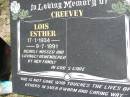 
Lois Esther CREEVEY,
17-1-1934 - 9-7-1991;
Kandanga Cemetery, Cooloola Shire
