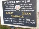 
Harry RANDALL,
husband father grandfather great-grandfather,
28-2-1913 - 22-2-1990;
Jean RANDALL,
wife mother grandmother great-grandmother,
21-7-1915 - 11-9-2000;
Kandanga Cemetery, Cooloola Shire
