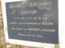 
Maurice Anthony EASTON,
7-3-37 - 10-4-88,
husband of Alison,
father of Anthony & Graham;
Kandanga Cemetery, Cooloola Shire
