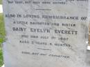 
Emily EVERETT, wife mother,
died 16 Jan 1914 aged 42 years;
Daisy Evelyn EVERETT,
daughter sister,
died 1 July 1907 aged 3 years 6 months;
William EVERETT, husband father,
died 12 Feb 1931 aged 67 years;
Kandanga Cemetery, Cooloola Shire
