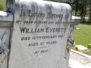 
Emily EVERETT, wife mother,
died 16 Jan 1914 aged 42 years;
Daisy Evelyn EVERETT,
daughter sister,
died 1 July 1907 aged 3 years 6 months;
William EVERETT, husband father,
died 12 Feb 1931 aged 67 years;
Kandanga Cemetery, Cooloola Shire
