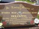 
Ethel May HOLZAPFEL,
21-1-1912 - 15-1-1979;
William Henry HOLZAPFEL,
27-1-1909 - 25-3-2003;
parents grandparents great-grandparents;
Kandanga Cemetery, Cooloola Shire
