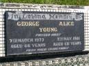 
George YOUNG,
died 7 March 1973 aged 66 years;
Alice YOUNG,
died 7 May 1981 aged 68 years;
Kandanga Cemetery, Cooloola Shire
