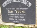 
Jan YOUNG, son brother,
accidentally killed 23 Nov 1982 aged 36 years;
Kandanga Cemetery, Cooloola Shire
