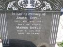 
James DOYLE,
died 6 Nov 1947 aged 82 years;
Marion DOYLE,
died 5 Jan 1952 aged 76 years;
Kandanga Cemetery, Cooloola Shire
