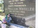 
Margaret Lillien WHEELER,
died 31 Dec 1984 aged 44 years;
William WHEELER,
died 26 Nov 1966 aged 56 years;
Kandanga Cemetery, Cooloola Shire
