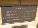 
Beryl May MAUDSLEY,
6-9-1918 - 4-2-1997;
Reginald James MAUDSLEY,
1-12-1916 - 13-3-1999;
Kandanga Cemetery, Cooloola Shire
