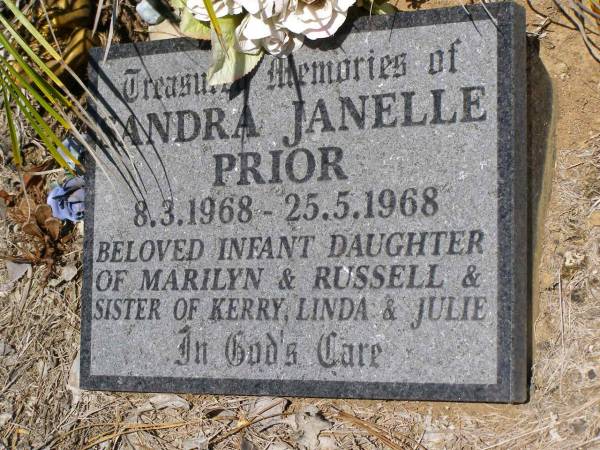 Sandra Janelle PRIOR,  | 8-3-1968 - 25-5-1968,  | infant daughter of Marilyn & Russell,  | sister of Kerry, Linda, & Julie;  | Kandanga Cemetery, Cooloola Shire  | 