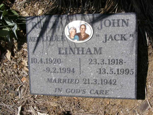 Ruth LINHAM (nee LODER),  | 10-4-1920 - 9-2-1994;  | John (Jack) LINHAM,  | 23-3-1918 - 13-5-1995;  | married 21-3-1942;  | Kandanga Cemetery, Cooloola Shire  | 