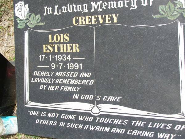 Lois Esther CREEVEY,  | 17-1-1934 - 9-7-1991;  | Kandanga Cemetery, Cooloola Shire  | 